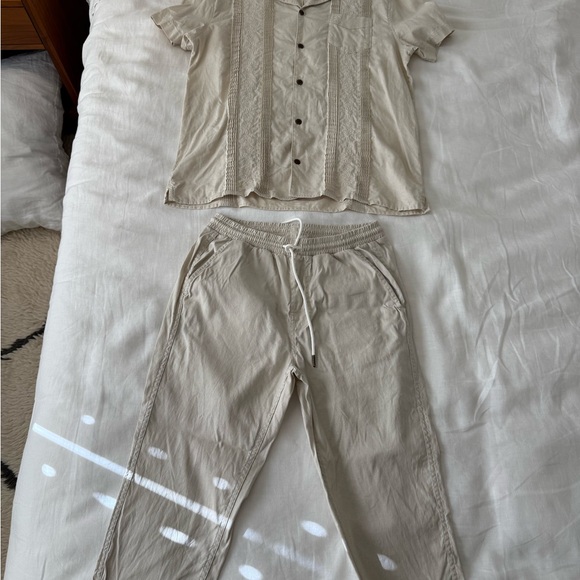 Beige Button-Up Shirt and Pants Set